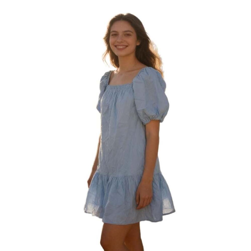 Strut & Bolt Light Blue Puff Sleeve Drop Waist Mini Dress Pockets Size M